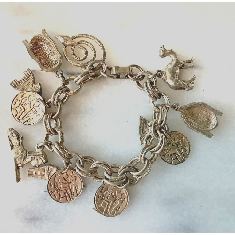 Vintage Egyptian Revival Charm Bracelet Coins Sphinx Pyramid Mummy Snake 6"